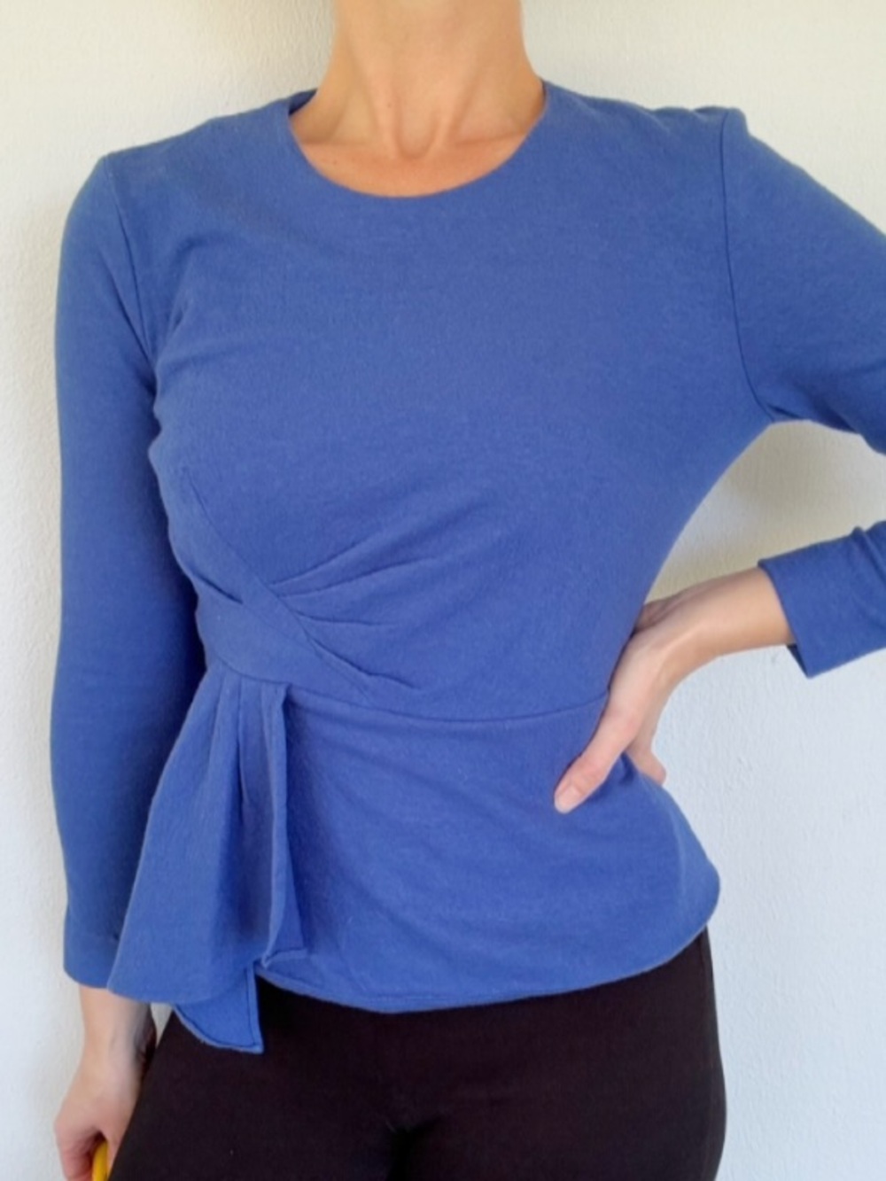 The Fold London blue wool pleated peplum waist long sleeve blouse size 12